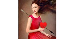 Giovane donna vestita di rosso con il cuore trafitto da una freccia