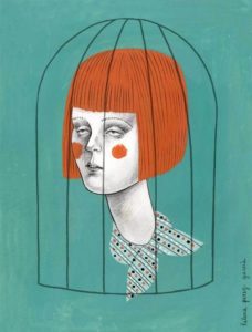 Volto di donna con carré di capelli rossi, rinchiuso in una gabbia nera su sfondo verde.