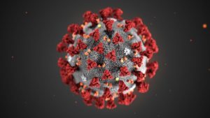 Su sfondo grigio scuro immagine al microscopio del coronavirus, una sfera grigia con degli aggregati triangolari di colore rosso sulla superficie.